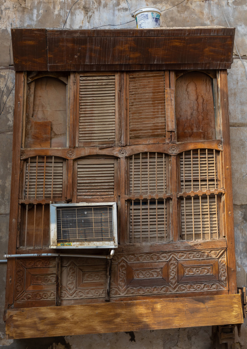 Wooden mashrabiya of an old house in al-Balad quarter, Mecca province, Jeddah, Saudi Arabia