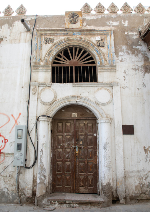 Wooden door of an historic house in the old quarter of al-Balad, Mecca province, Jeddah, Saudi Arabia