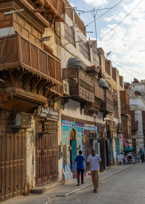 Old houses with wooden mashrabiyas in al-Balad quarter, Mecca province, Jeddah, Saudi Arabia
