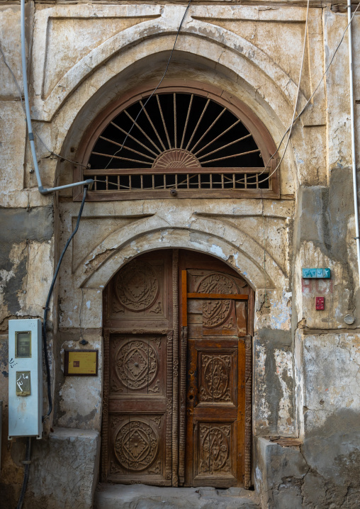 Wooden door of an historic house in the old quarter of al-Balad, Mecca province, Jeddah, Saudi Arabia