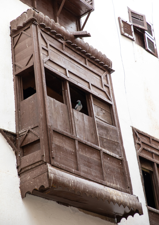 Wooden mashrabiya of an old house in al-Balad quarter, Mecca province, Jeddah, Saudi Arabia