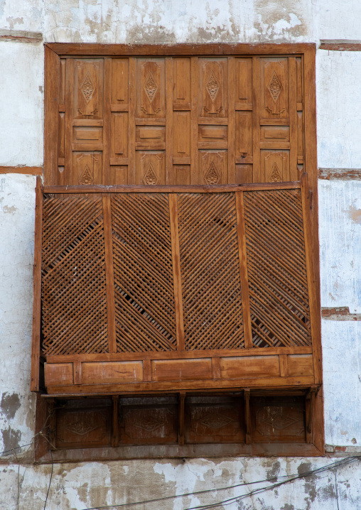 Wooden mashrabiya of an old house in al-Balad quarter, Mecca province, Jeddah, Saudi Arabia