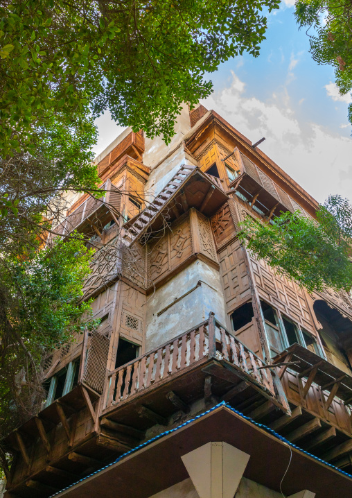 Old house with wooden mashrabiya in al-Balad quarter, Mecca province, Jeddah, Saudi Arabia