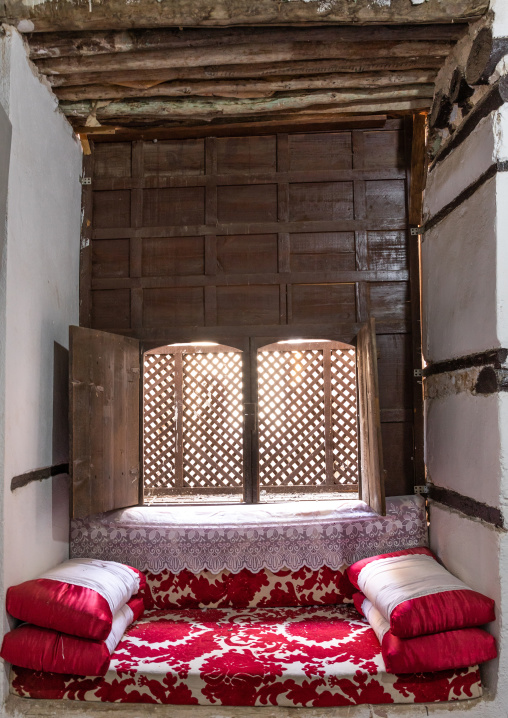 Wooden mashrabiya inside Abdullah Matbouli house in al-Balad quarter, Mecca province, Jeddah, Saudi Arabia