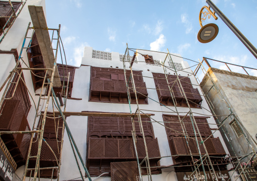 Restoration of an old house with wooden mashrabiyas in al-Balad quarter, Mecca province, Jeddah, Saudi Arabia