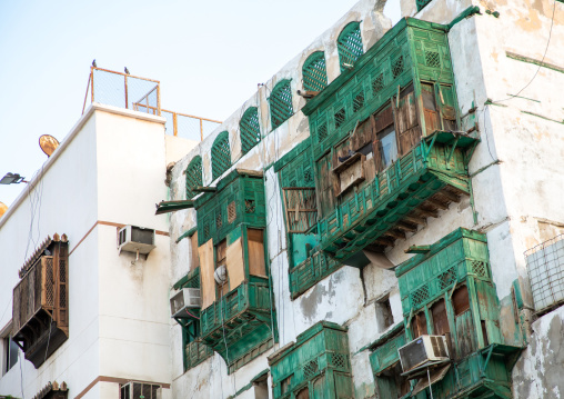 Old house with wooden mashrabiya in al-Balad quarter, Mecca province, Jeddah, Saudi Arabia