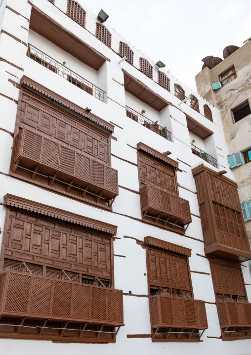 Old house with wooden mashrabiya in al-Balad quarter, Mecca province, Jeddah, Saudi Arabia