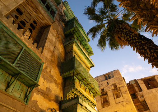 Old houses with wooden mashrabiyas in al-Balad quarter, Mecca province, Jeddah, Saudi Arabia