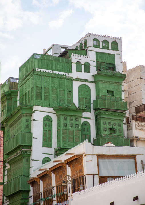 Old house with green wooden mashrabiya in al-Balad quarter, Mecca province, Jeddah, Saudi Arabia