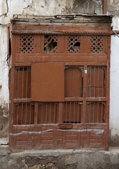 Wooden mashrabiya of an old house in al-Balad quarter, Mecca province, Jeddah, Saudi Arabia