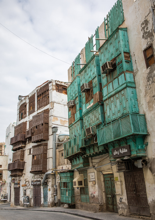 Old houses with wooden mashrabiyas in al-Balad quarter, Mecca province, Jeddah, Saudi Arabia
