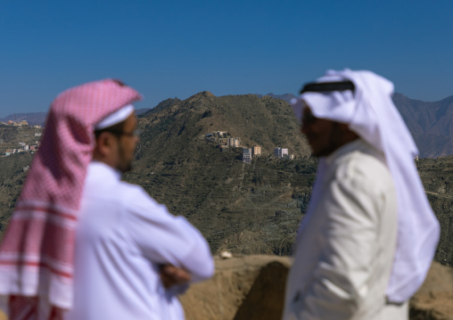 Saudi men in front of the mountain, Jizan Province, Addayer, Saudi Arabia