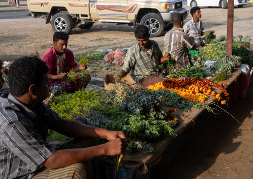 A flower vendor preparing and selling floral garlands and crowns on a market, Jizan Province, Mahalah, Saudi Arabia