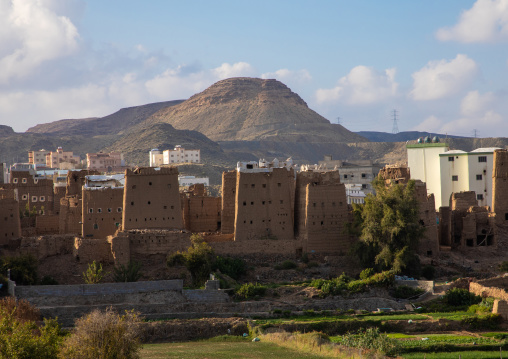 Aerial view of an old village with traditional mud houses, Asir province, Dhahran Al Janub, Saudi Arabia