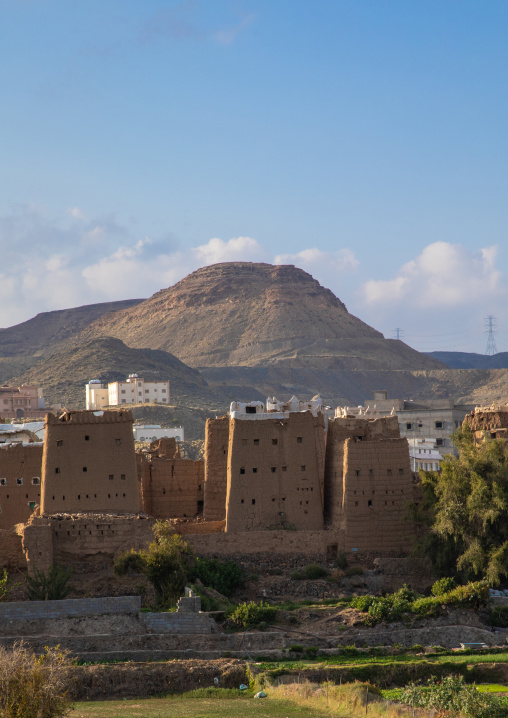 Aerial view of an old village with traditional mud houses, Asir province, Dhahran Al Janub, Saudi Arabia