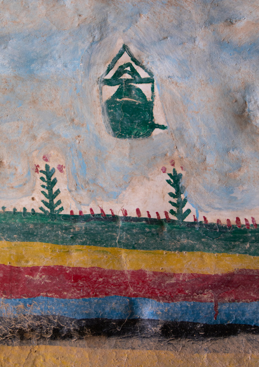 Al-qatt al-asiri traditionally female interior wall decoration in an abandonned house, Asir province, Sarat Abidah, Saudi Arabia