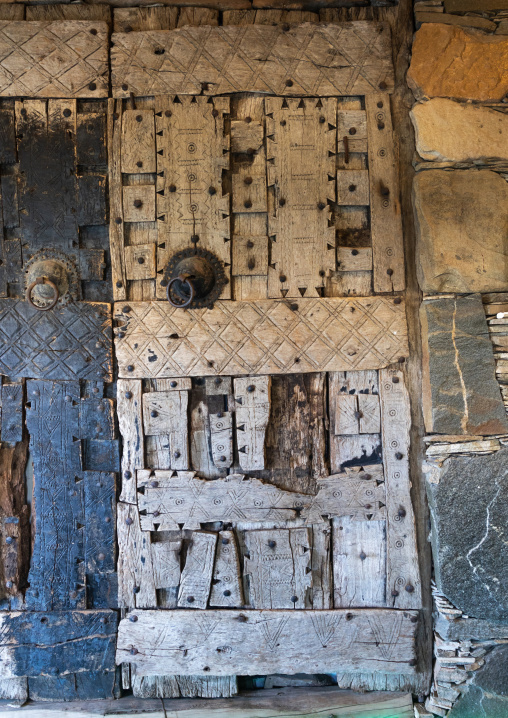 Wooden door of an old asiri house, Asir province, Khamis Mushait, Saudi Arabia