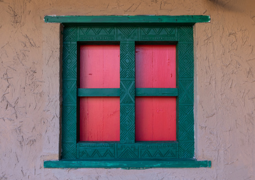 Colorful wooden wondow of an asiri house, Asir province, Khamis Mushait, Saudi Arabia