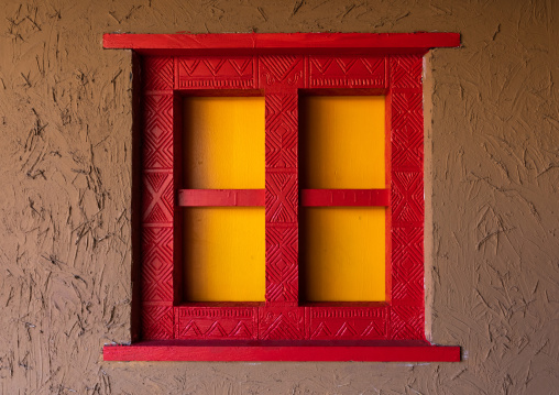 Colorful wooden wondow of an asiri house, Asir province, Khamis Mushait, Saudi Arabia