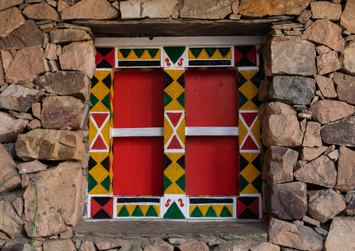 Colorful wooden wondow of an asiri house, Asir province, Khamis Mushait, Saudi Arabia