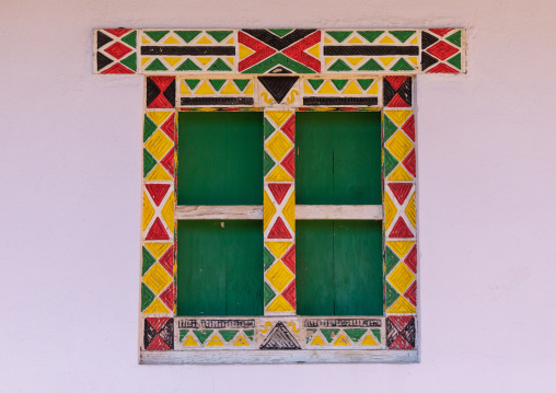 Colorful wooden wondow of an asiri house, Asir province, Khamis Mushait, Saudi Arabia