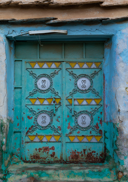 Old colorful door in al Khalaf village, Asir province, Sarat Abidah, Saudi Arabia