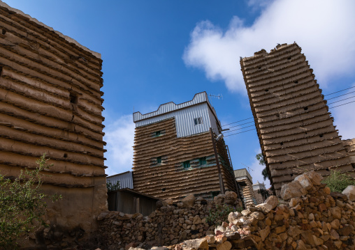 Stone and mud houses with slates in al Khalaf village, Asir province, Sarat Abidah, Saudi Arabia