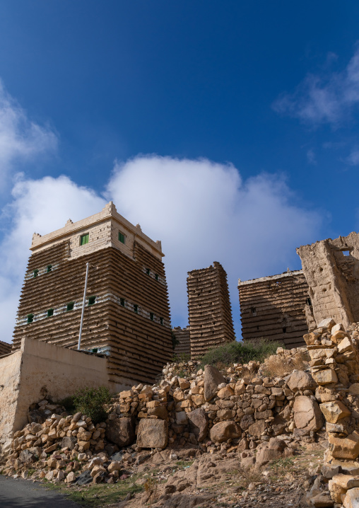 Stone and mud houses with slates in al Khalaf village, Asir province, Sarat Abidah, Saudi Arabia