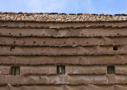Stone and mud houses with slates in al Khalaf village, Asir province, Sarat Abidah, Saudi Arabia