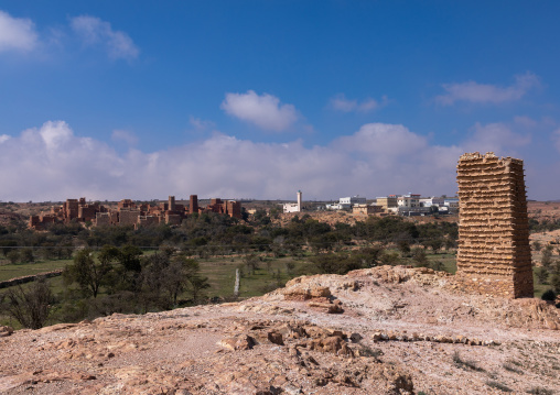 Aerial view of stone and mud watchtower with slates in a village, Asir province, Sarat Abidah, Saudi Arabia