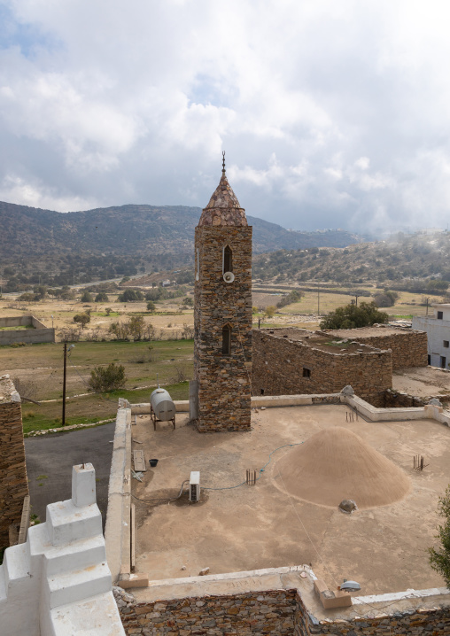 Aerial view of a mosque made of stones, Asir province, Tanomah, Saudi Arabia