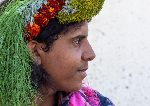 Portrait of a flower man wearing a floral crown on the head, Jizan Province, Addayer, Saudi Arabia