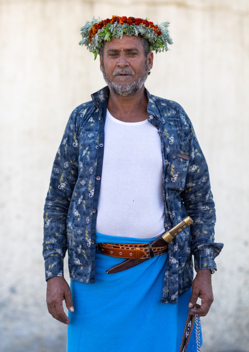 Portrait of a flower man wearing a floral crown on the head, Jizan Province, Addayer, Saudi Arabia