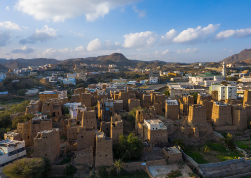 Aerial view of an old village with traditional mud houses, Asir province, Dhahran Al Janub, Saudi Arabia