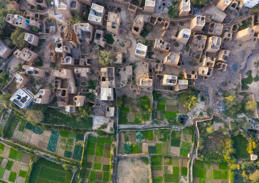 Aerial view of an old village with traditional mud houses, Asir province, Dhahran Al Janub, Saudi Arabia