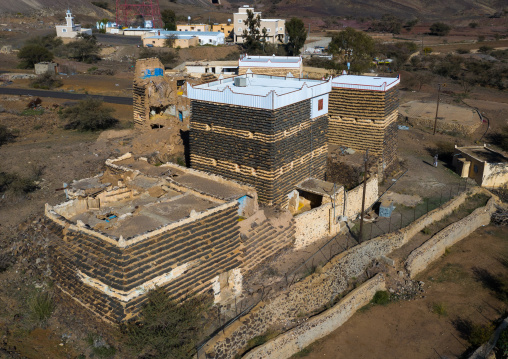 Aerial view of stone and mud houses with slates, Asir province, Sarat Abidah, Saudi Arabia