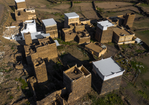 Aerial view of stone and mud houses with slates, Asir province, Sarat Abidah, Saudi Arabia