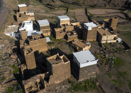 Aerial view of stone and mud houses with slates, Asir province, Sarat Abidah, Saudi Arabia