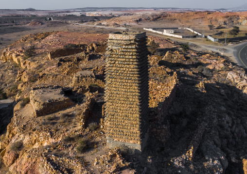 Aerial view of a stone and mud watchtower with slates, Asir province, Sarat Abidah, Saudi Arabia