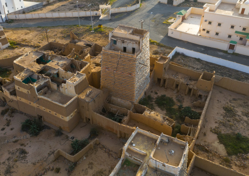 Aerial view of stone and mud houses with slates, Asir province, Ahad Rufaidah, Saudi Arabia