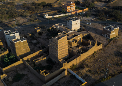 Aerial view of stone and mud houses with slates, Asir province, Ahad Rufaidah, Saudi Arabia