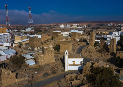 Aerial view of stone and mud houses with slates in al Khalaf village, Asir province, Sarat Abidah, Saudi Arabia