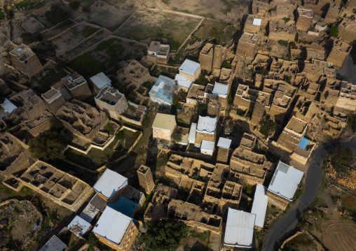 Aerial view of stone and mud houses with slates in al Khalaf village, Asir province, Sarat Abidah, Saudi Arabia