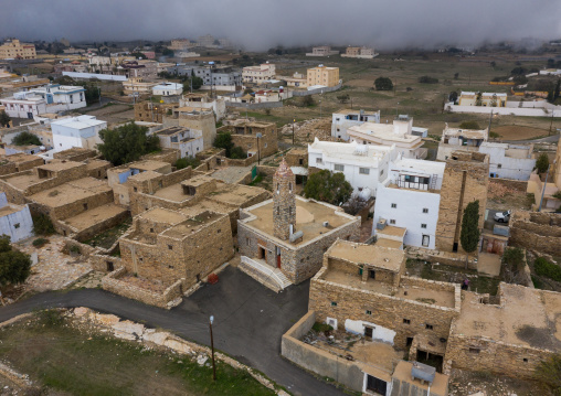 Aerial view of a mosque made of stones, Asir province, Tanomah, Saudi Arabia