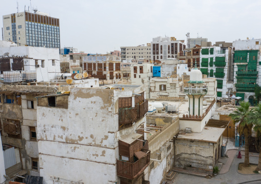 Aerial view of old houses with wooden mashrabiyas in al-Balad quarter, Mecca province, Jeddah, Saudi Arabia