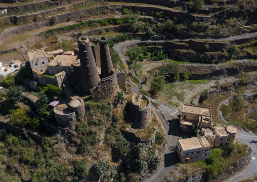 Aerial view of traditional stone watchtowers, Jizan Province, Addayer, Saudi Arabia