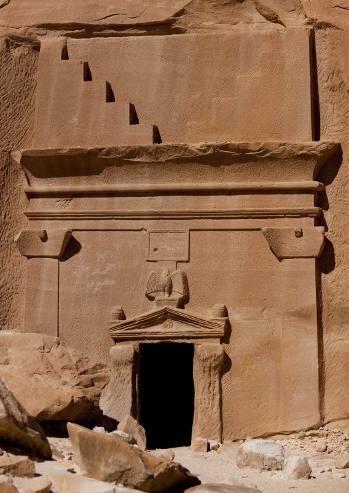 Nabataean tomb in al-Hijr archaeological site in Madain Saleh, Al Madinah Province, Alula, Saudi Arabia
