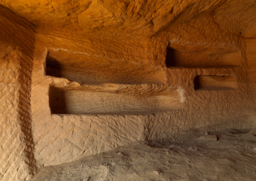 Inside a nabataean tomb in al-Hijr archaeological site in Madain Saleh, Al Madinah Province, Alula, Saudi Arabia