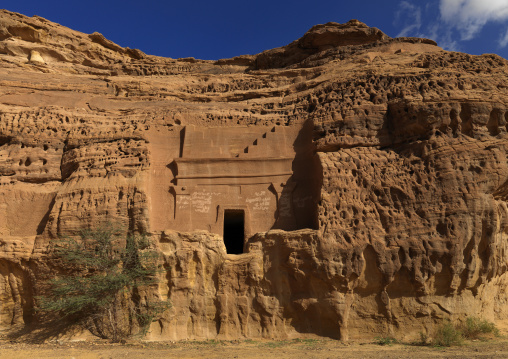 Nabataean tomb in al-Hijr archaeological site in Madain Saleh, Al Madinah Province, Alula, Saudi Arabia