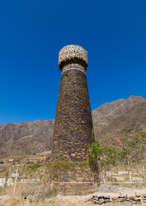 Watchtower used as a granary in rijal alma traditional village with typical aseeri architecture, Rijal Almaa Province, Rijal Alma, Saudi Arabia